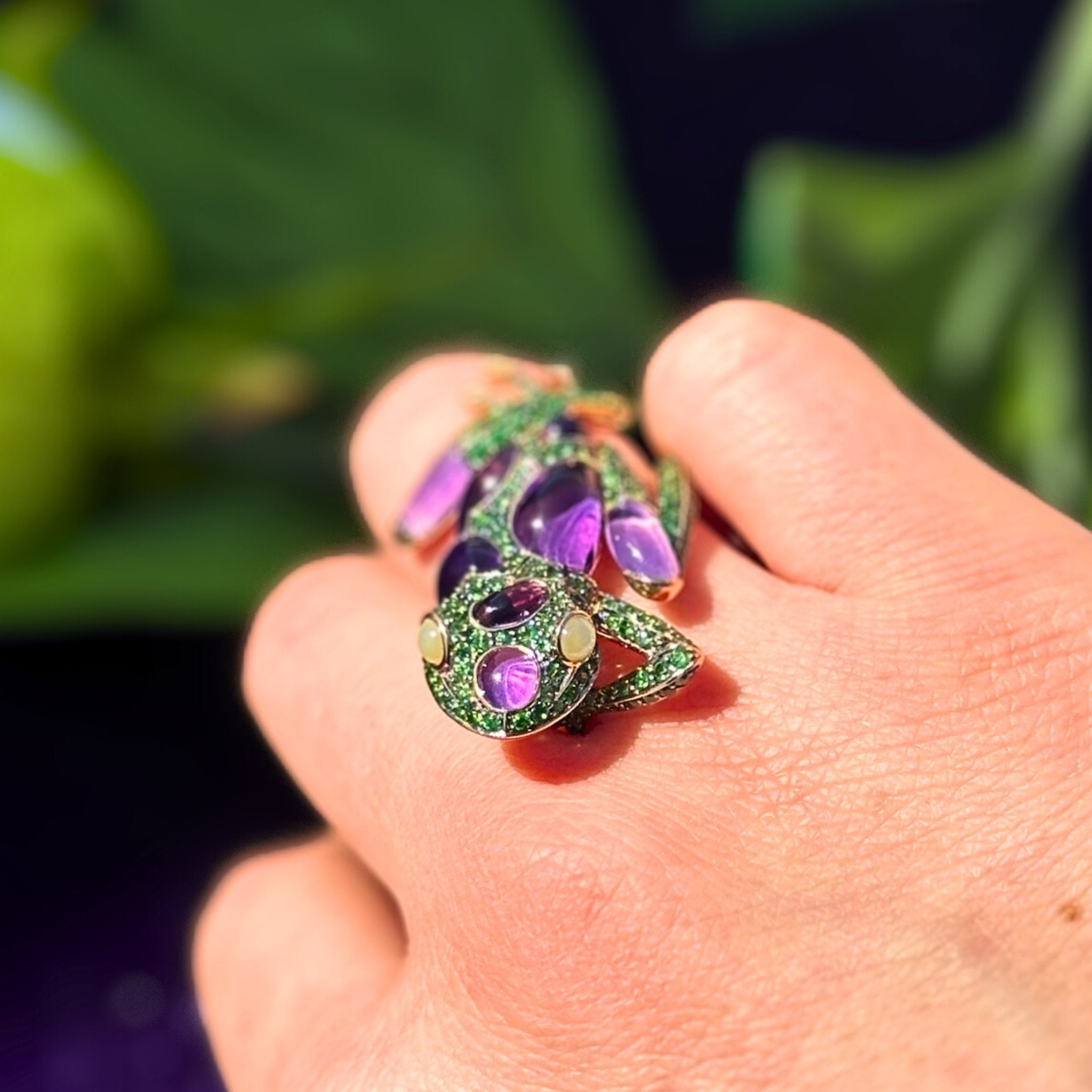 Lucky Frog Amethyst Cat Eye Tsavorite 18K Yellow Gold Exclusive Ring by Natkina