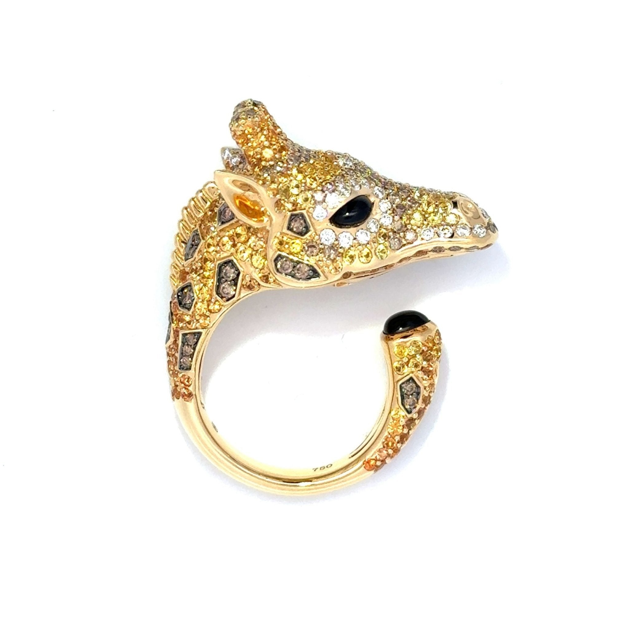 Marvellous Giraffe Diamond Onyx Yellow 18K Gold Exclusive Ring by Natkina