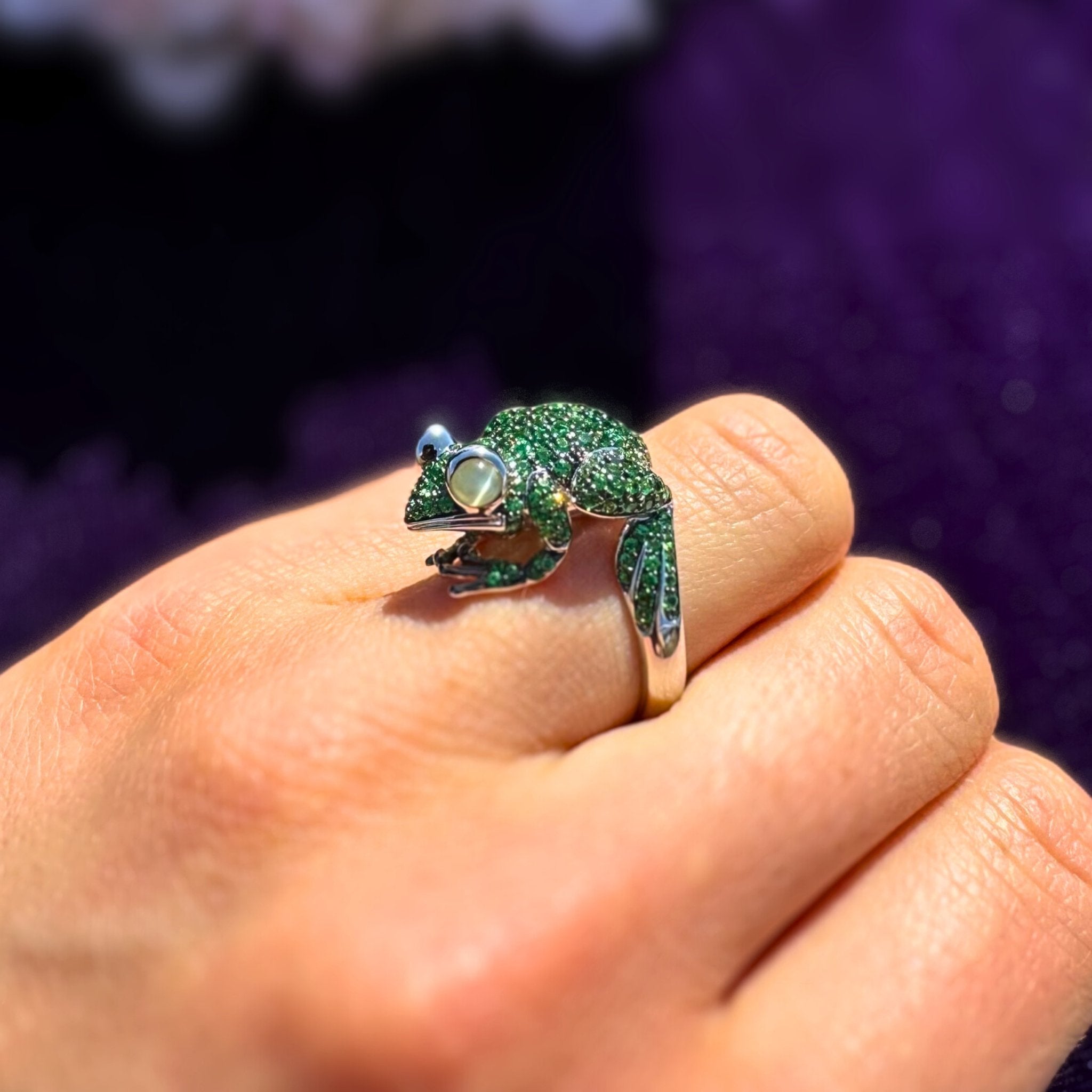 Mini Lucky Frog Amethyst Cat Eye Tsavorite 18K Yellow Gold Exclusive Ring by Natkina