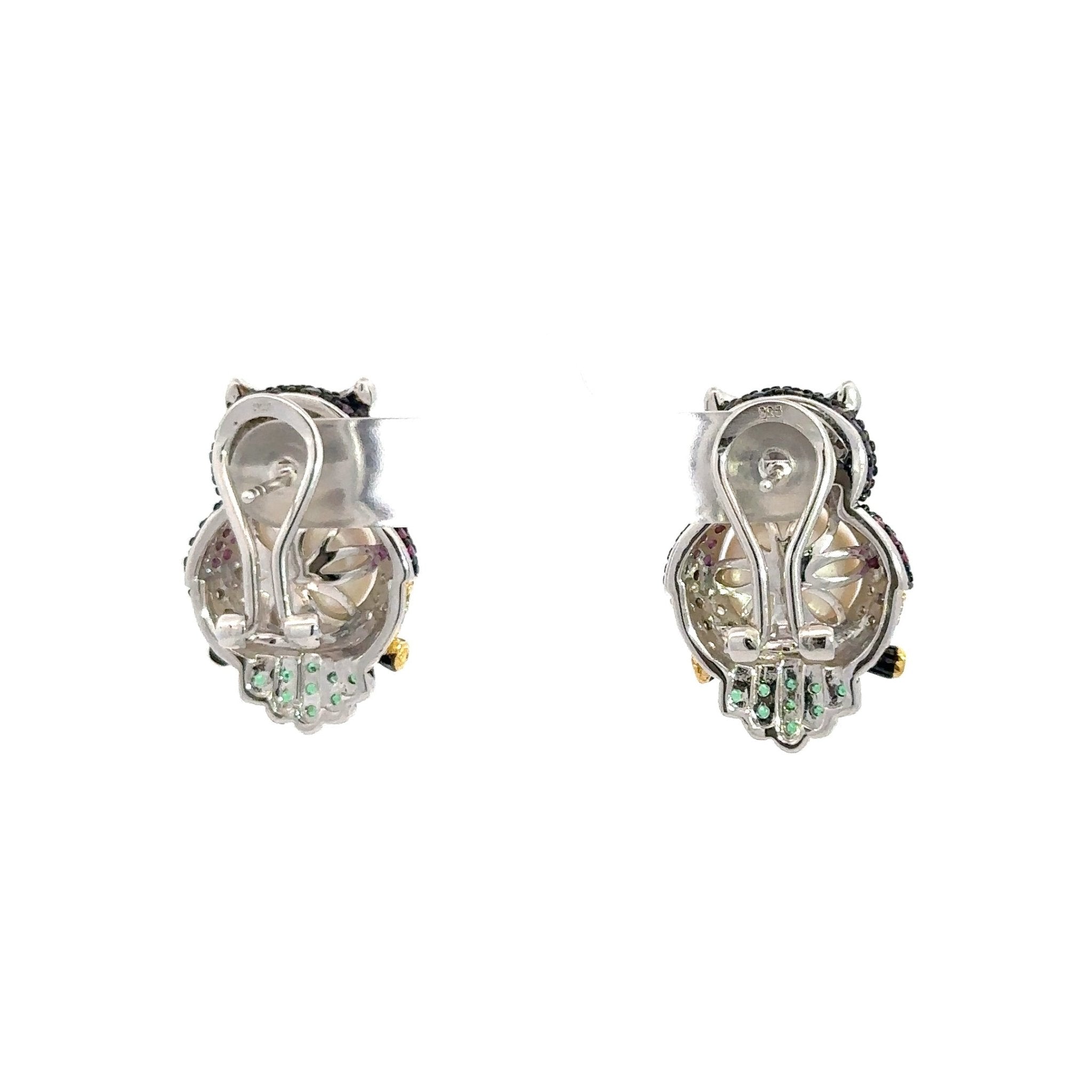 Multicolor & Pearl Owl Silver Earrings by Natkina