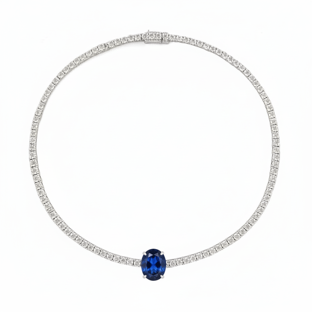 Oval Centred Tennis Silver Necklace by Natkina