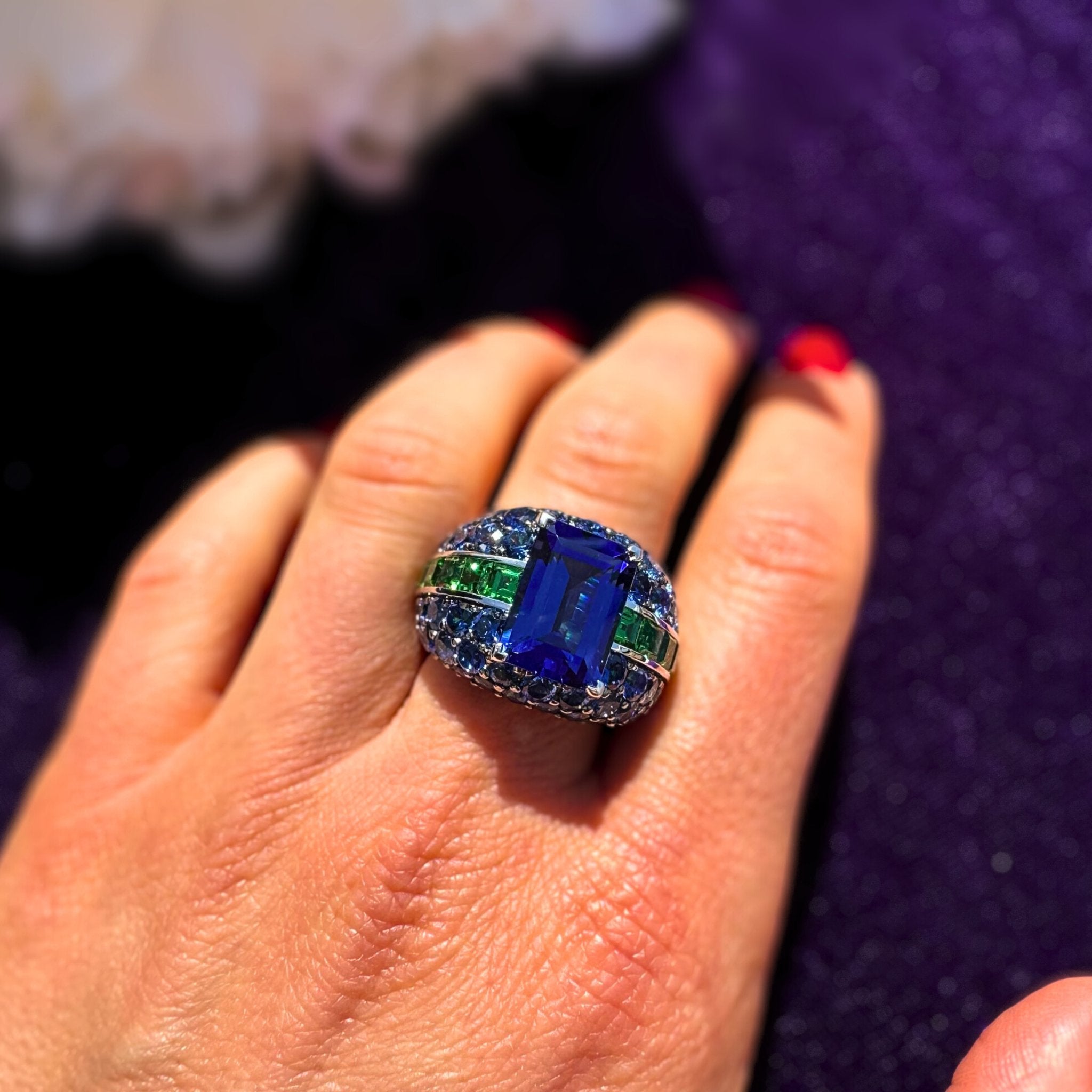 Posh Blue Sapphire Tanzanite 18K White Gold Exclusive Ring by Natkina