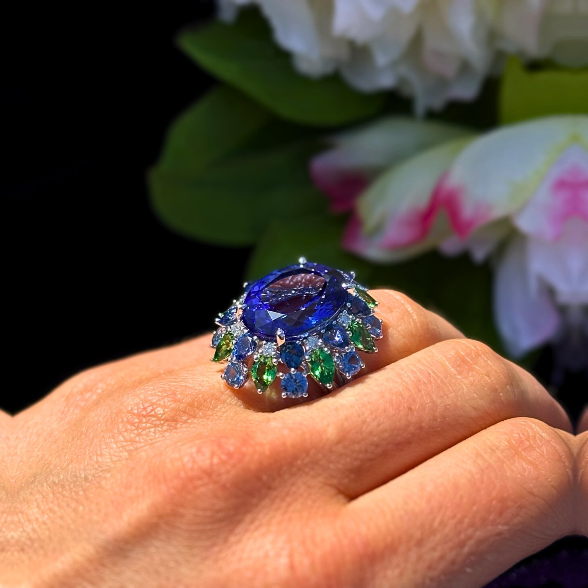 Rare Blue Sapphire Tanzanite Diamond 18K White Gold Exclusive Ring by Natkina