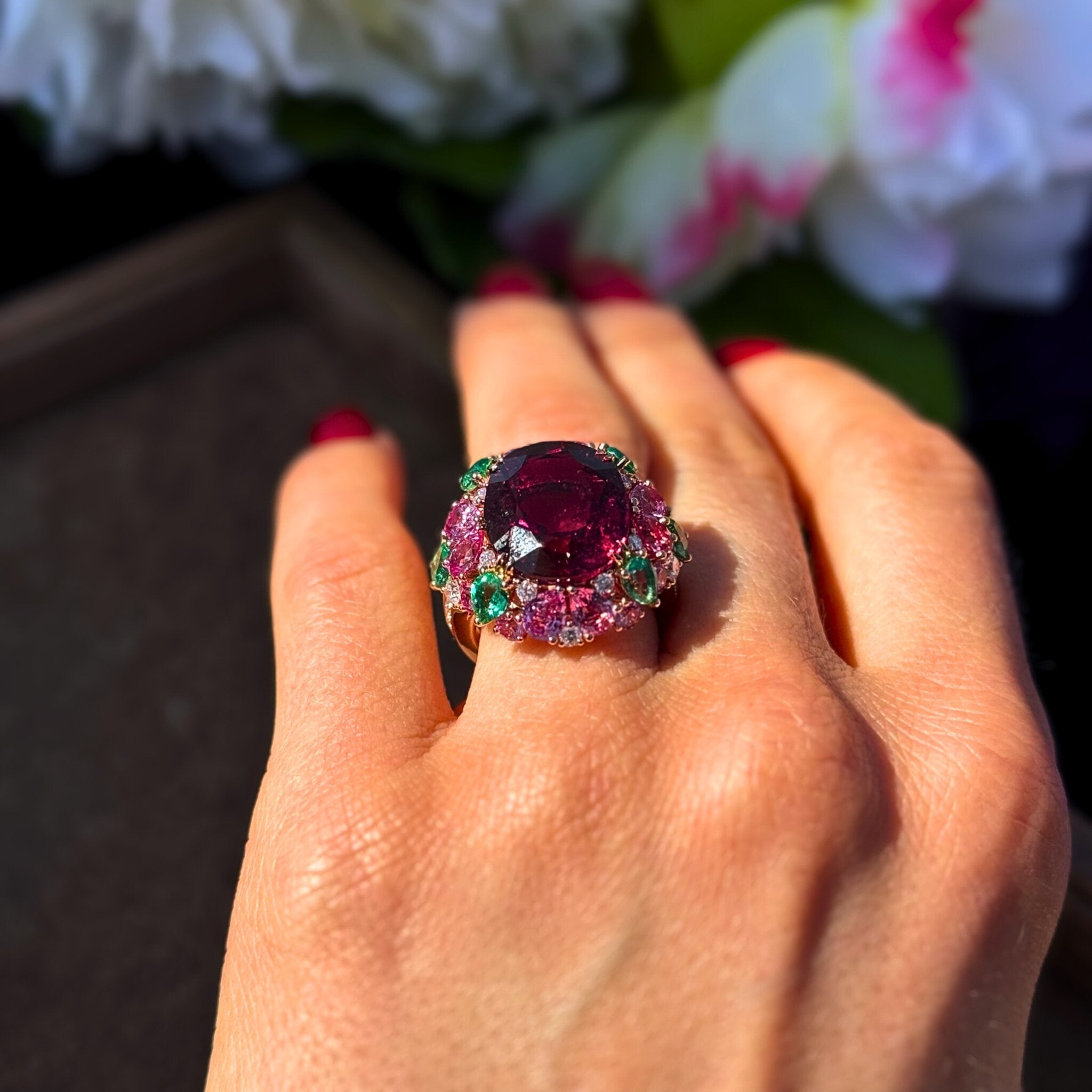 Rare Ruby Pink Sapphire Emerald Diamond 18K yellow Gold Exclusive Ring by Natkina