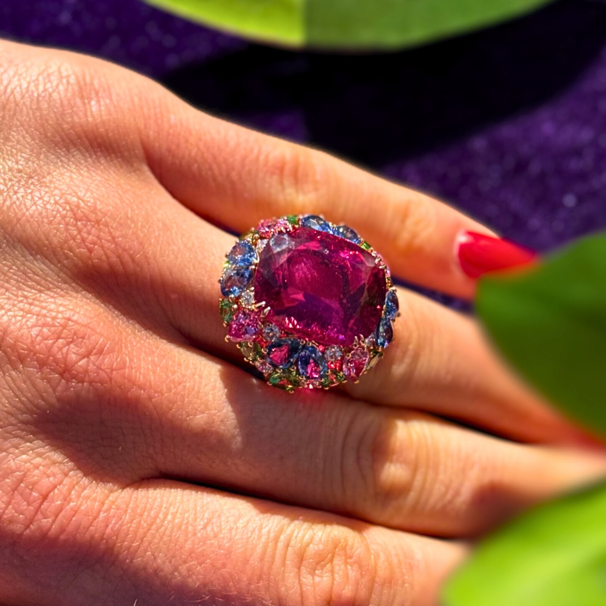 Rare Ruby Pink Sapphire Emerald Diamond 18K yellow Gold Exclusive Ring by Natkina