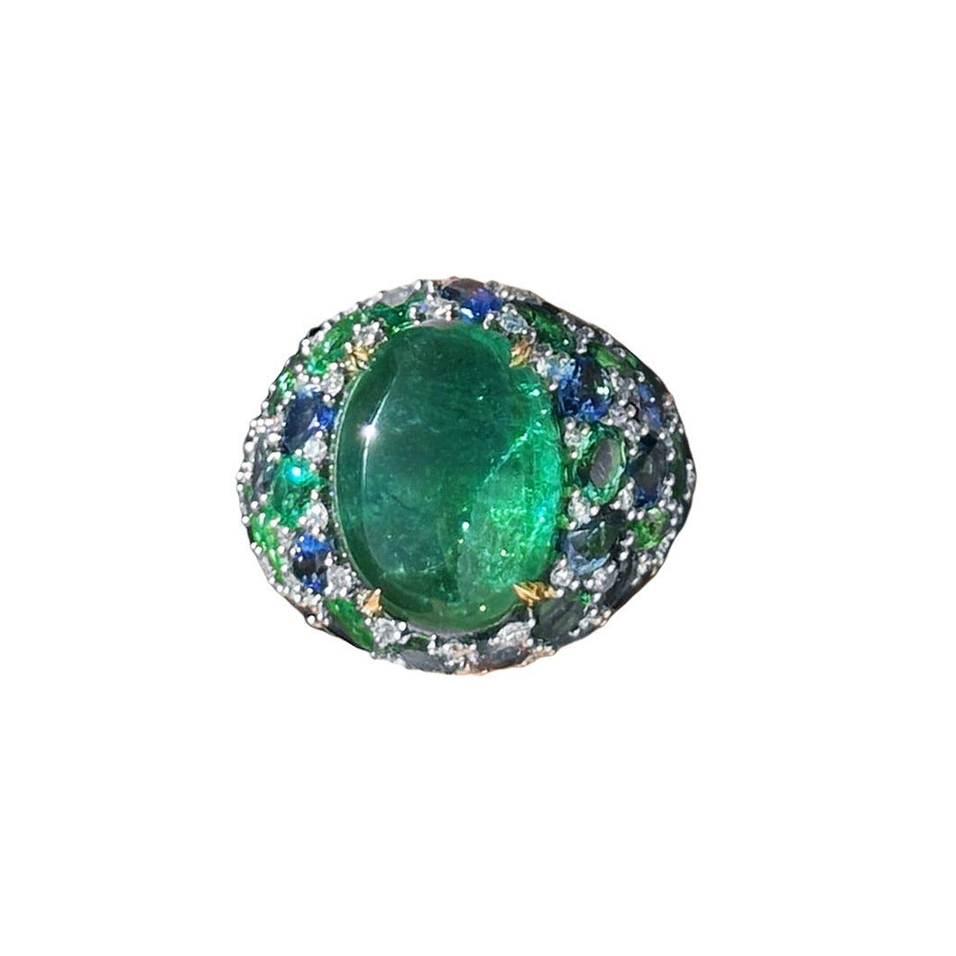 Remarkable Emerald Sapphire Diamond 18K Yellow Gold Ring For Her by Natkina