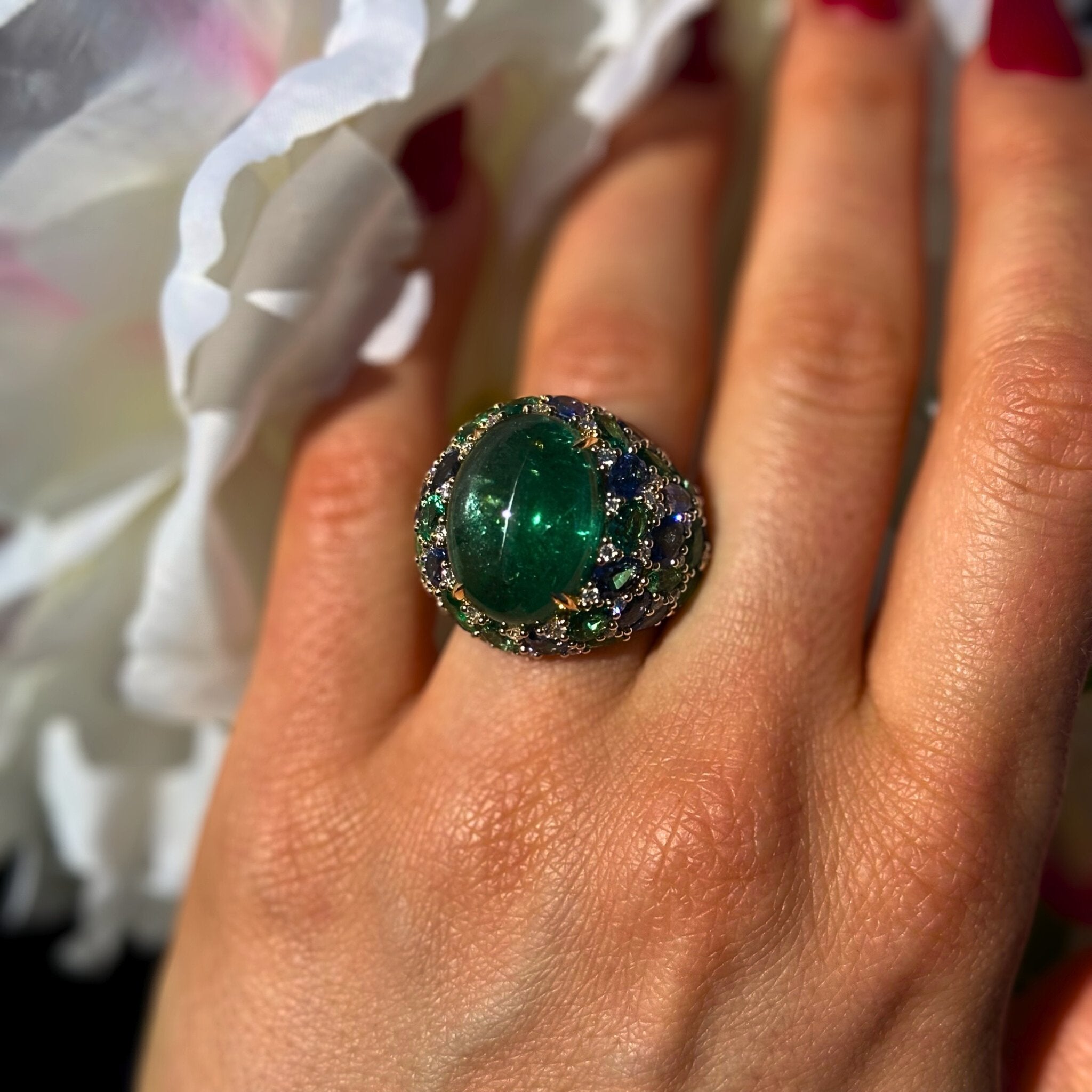 Remarkable Emerald Sapphire Diamond 18K Yellow Gold Ring For Her by Natkina