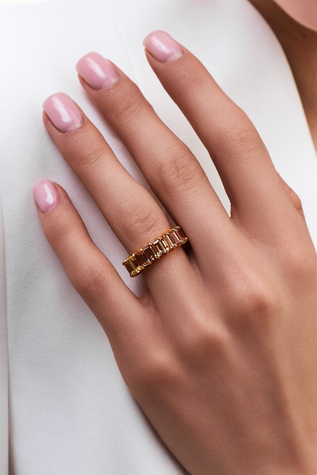 Soft Rainbow Emerald Cut Eternity Band Ring by Natkina