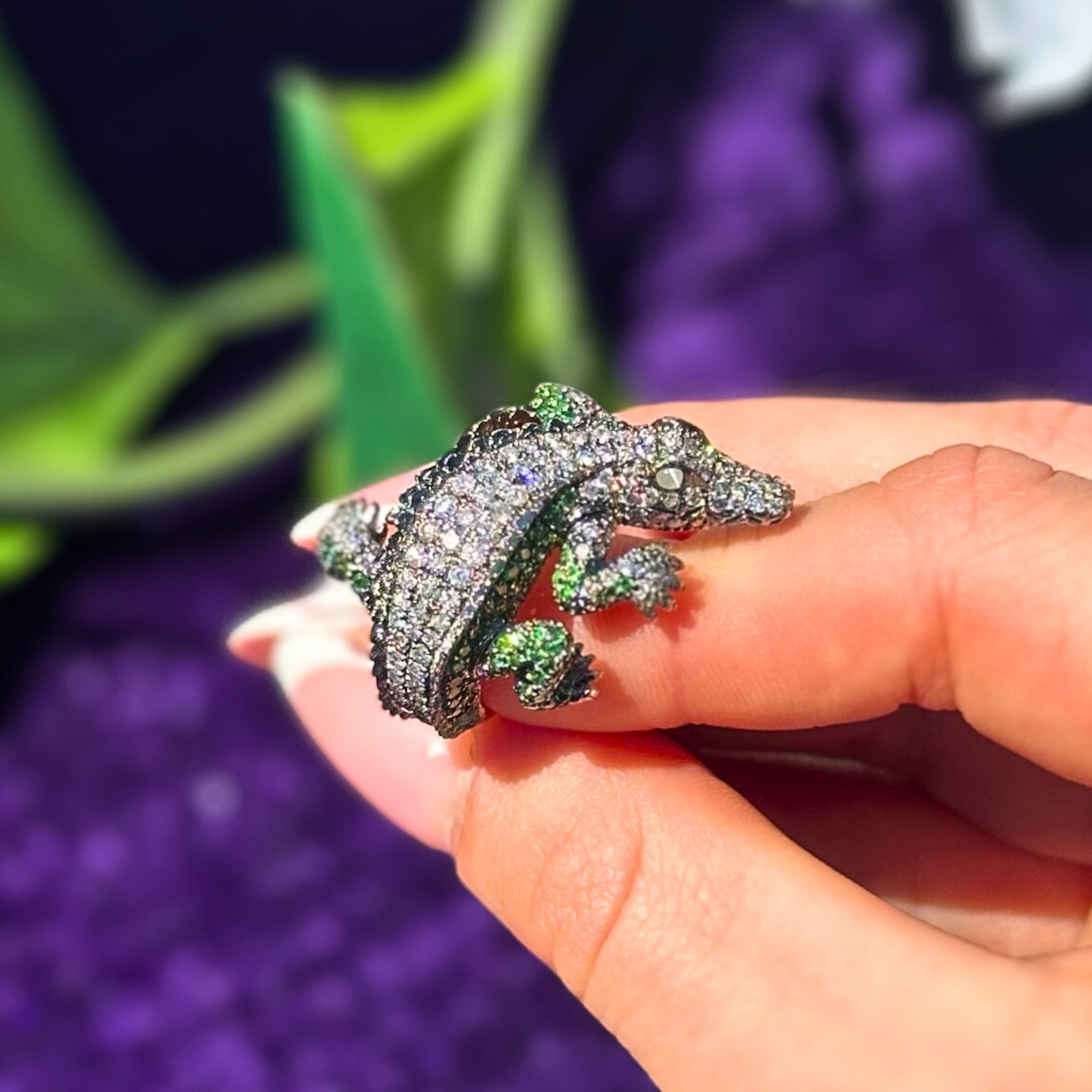 Startling Crocodile Diamond Tsavorite Yellow gold 18K Exclusive Ring by Natkina