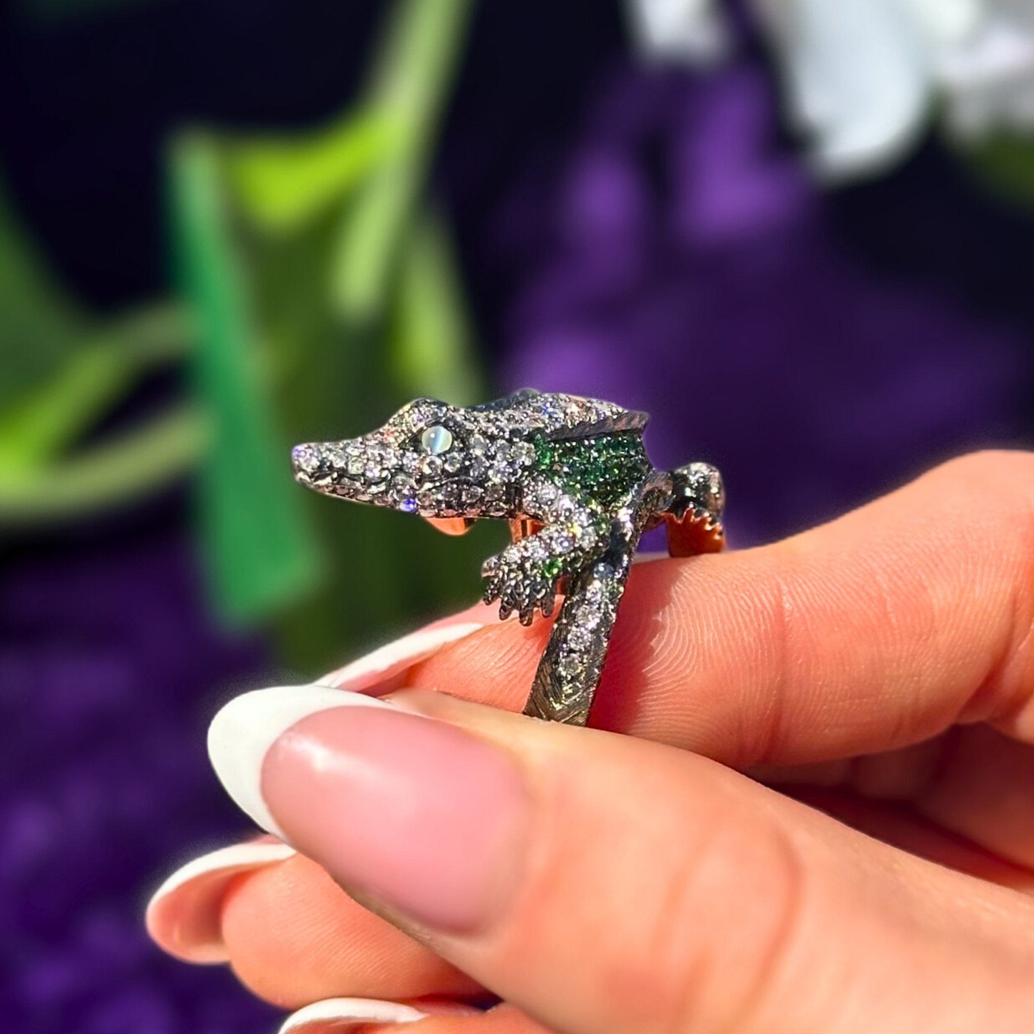 Startling Crocodile Diamond Tsavorite Yellow gold 18K Exclusive Ring by Natkina