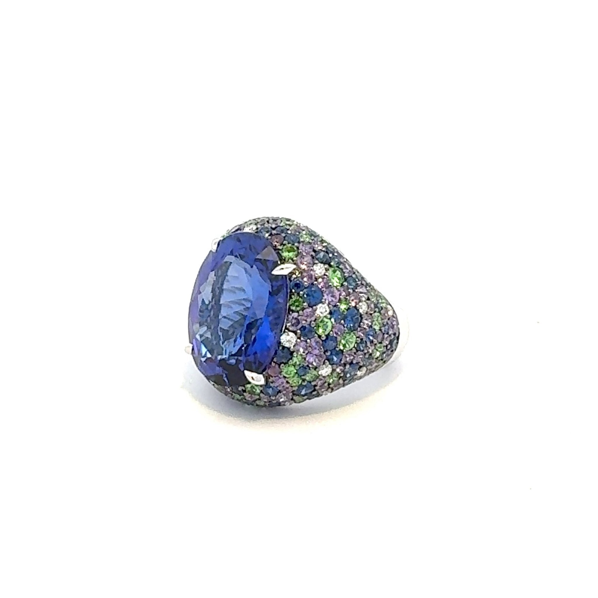 Stunning Sapphire Tanzanite Diamond 18K White Gold Exclusive Ring by Natkina