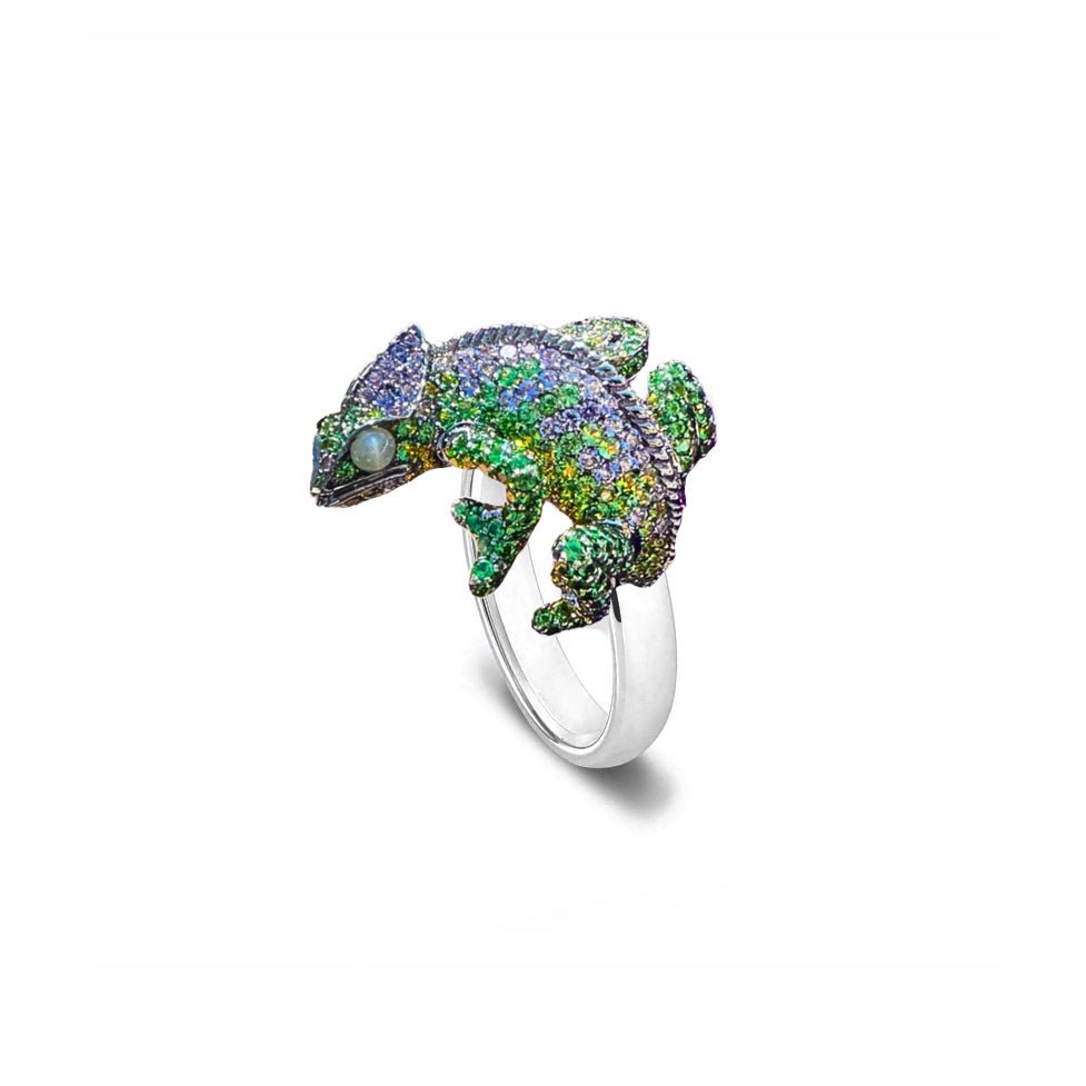 Unique Chameleon Tsavorite Cat Eye 18K Yellow Gold Ring Exclusive Ring