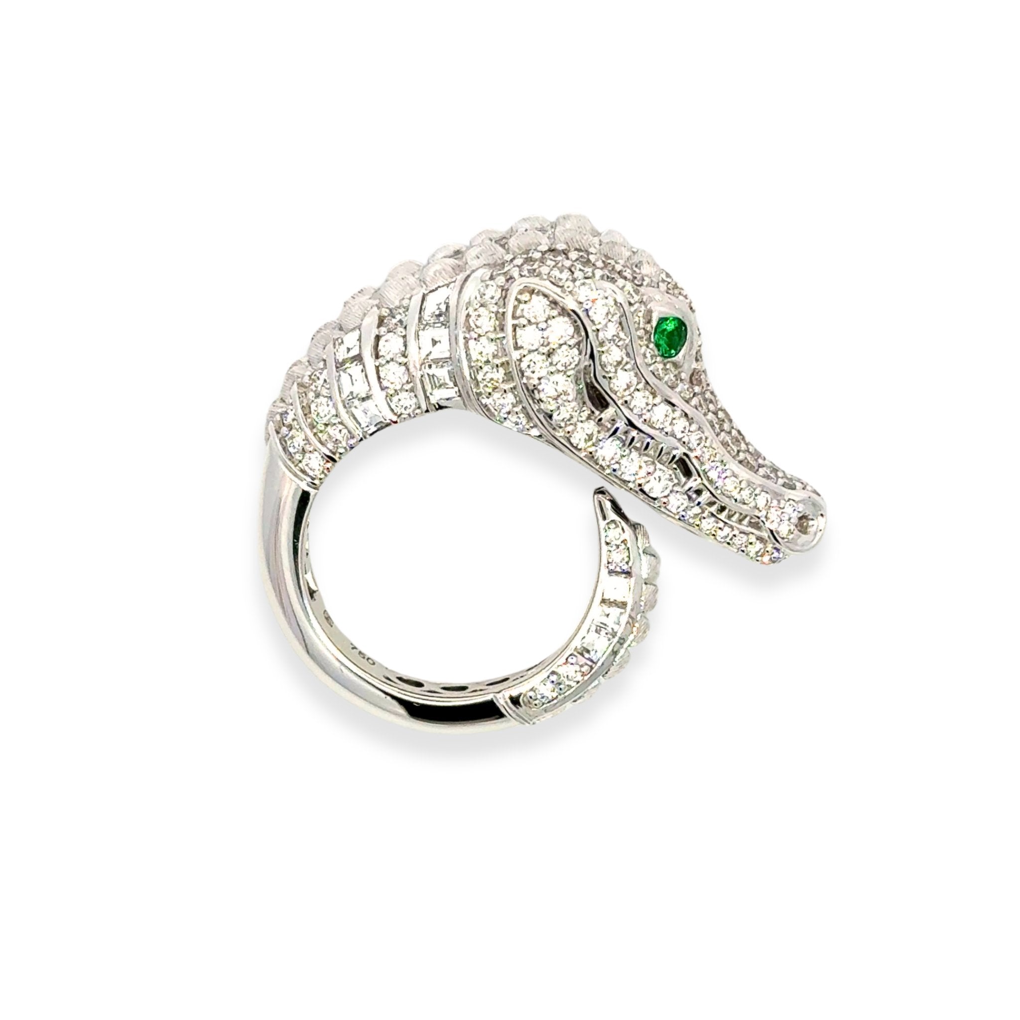 Unique Crocodile Emerald Diamond White 18K Gold Exclusive Ring by Natkina