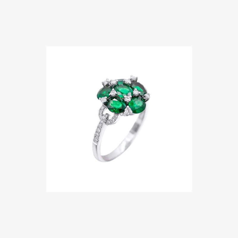 Green Emerald Ring For Her with White Diamonds in White Gold