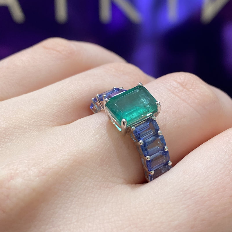 18K White Gold Emerald & Blue Sapphire Ring For Her
