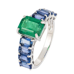 18K White Gold Emerald & Blue Sapphire Ring For Her