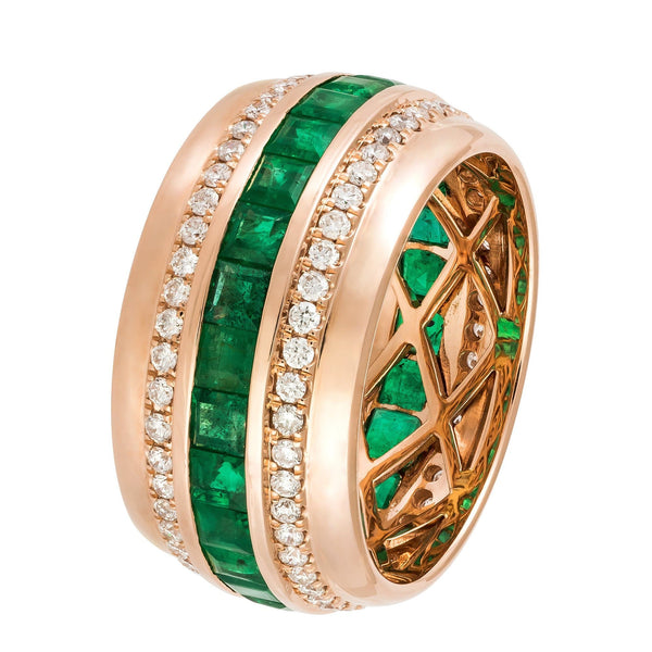 Modern Emerald Diamond Rose Gold 18K Band Ring For Her