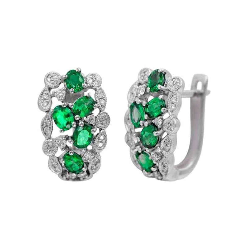 Precious Green Emerald White Diamond Gold Sophisticated Lever-Back Earrings - Natkina