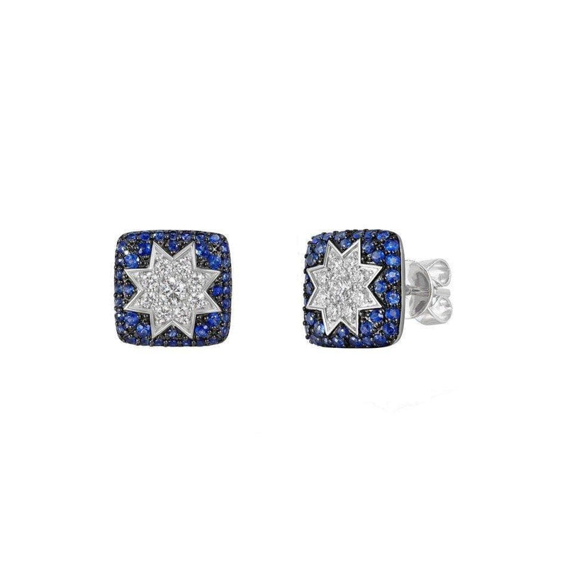 Square Stud Star Diamond Earrings with Sapphire - Natkina